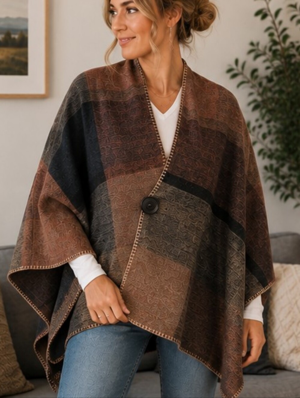 Unbranded Woven Colorblock Poncho One Size Fall Cape Wrap
